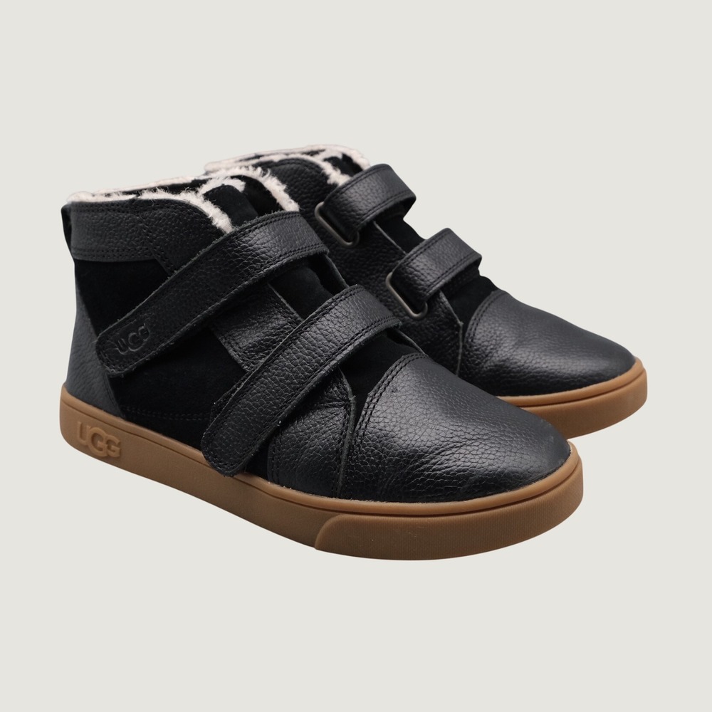 UGG Rennon High Top Kids Black Leather Suede Fur Lined Sneaker 3 1104989T